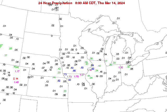 This morning's US Midwest 24 hour precipitation totals